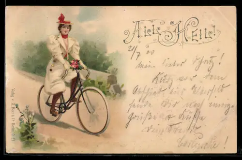 Lithographie Junge Frau auf Fahrrad fährt auf Landstrasse