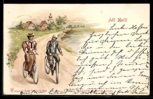 Lithographie Paar bei Ausfahrt mit Fahrrad