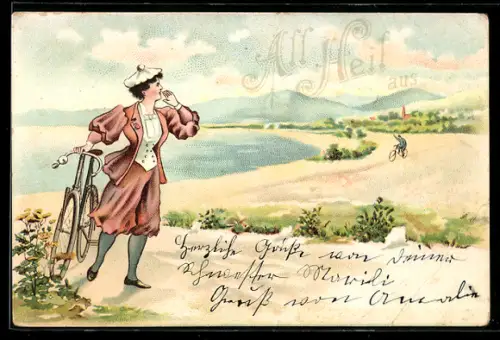 Lithographie Fahrrad-Fahrerin am Strand