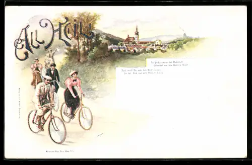 Lithographie All Heil! Radfahrer bei Ausflug mit dem Fahrrad