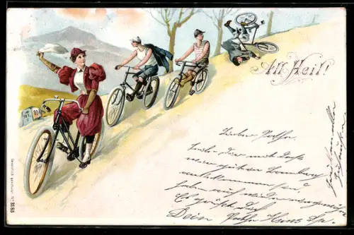 Lithographie Junge Frau und Herren bei schneller Fahrt mit Fahrrad, ein Fahrradfahrer stürzt