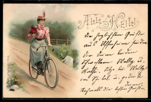 Lithographie Junge Frau mit Blumenstrauss fährt mit Fahrrad auf Landstrasse