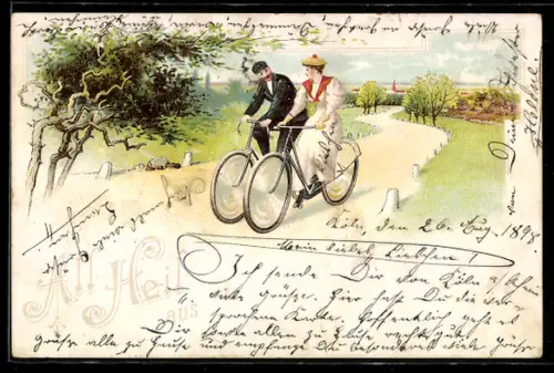 Lithographie Paar bei gemeinsamer Fahrt mit Fahrrad durch Landschaft