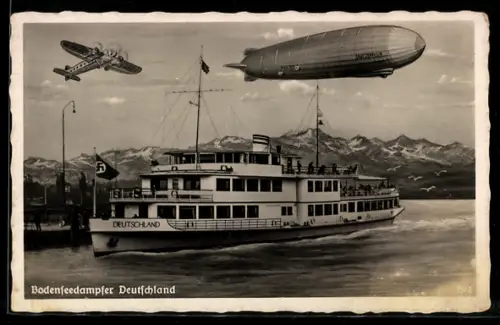 AK Bodenseedampfer Deutschland m. flagge, Luftschiff Graf Zeppelin, Flugzeug