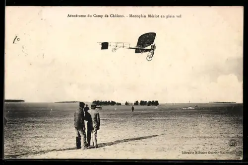 AK Aérodrome du Camp de Châlons, Monoplan Blériot en plein vol, Flugzeug
