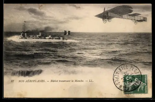 AK Flugzeug-Pionier Blériot über dem Meer