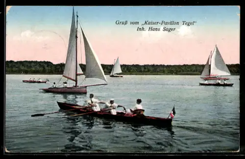 AK Tegel, Gasthaus Kaiser-Pavillon, Uferpartie mit Ruderbooten