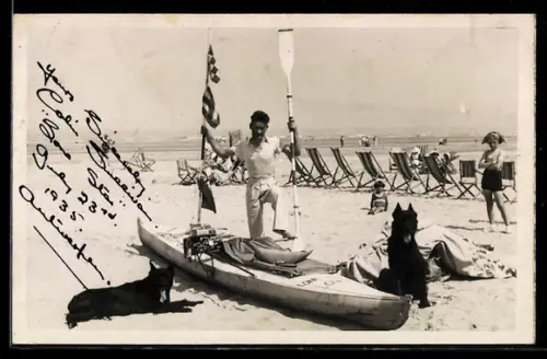 AK Mann mit einem Ruderboot am Strand