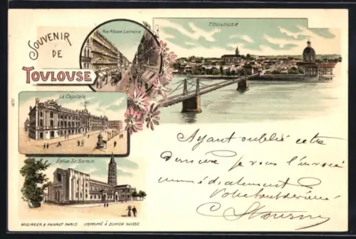 Lithographie Toulouse, Le Capitole, Eglise St. Sernin, Rue Alsace Lorraine