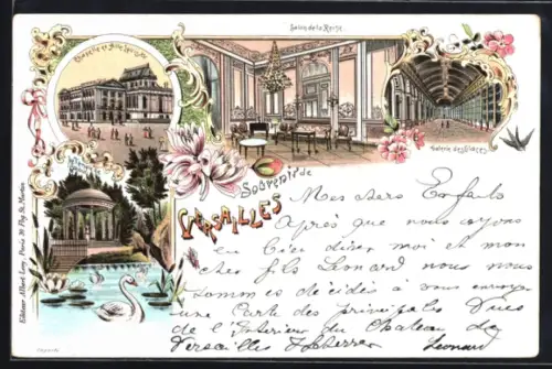 Lithographie Versailles, Salon de la Reine, Galerie des Glaces, Chapelle et Aile Louis XV., Le Temple de l`Amour