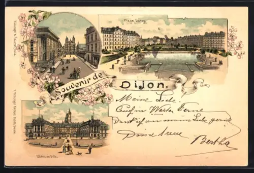 Lithographie Dijon, Place Darcy, L`Hotel de Ville