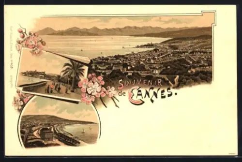 Lithographie Cannes, Panorama, Uferpartien