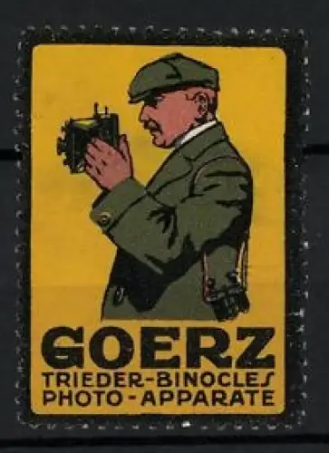 Reklamemarke Goerz Trieder-Binocles, Fotograf mit Kamera, Fotoapparat