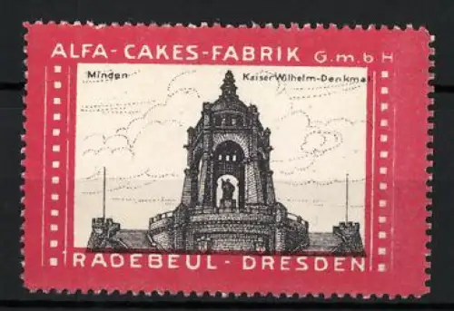 Reklamemarke Radebeul-Dresden, Alfa-Cakes-Fabrik GmbH, Kaiser-Wilhelm-Denkmal zu Minden