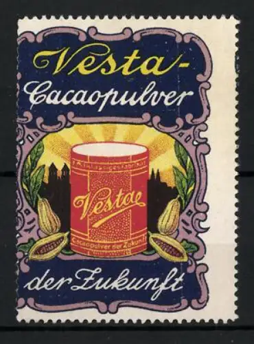 Reklamemarke Vesta-Cacaopulver, Dose und Kakaobohnen