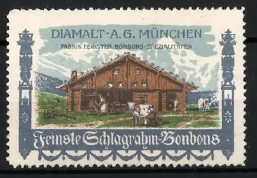Reklamemarke München, Diamalt A.G., Bonbon-Fabrik, Almhütte mit Kühen