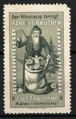 Reklamemarke Aalen, Der Nikolaus bringt Pahls Lebkuchen, Nikolaus mit Geschenkesack