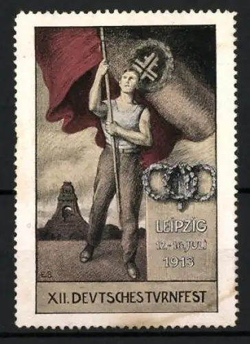 Reklamemarke Leipzig, XII. Deutsches Turnfest 1913, Sportler mit Fahne und Völkerschlacht-Denkmal