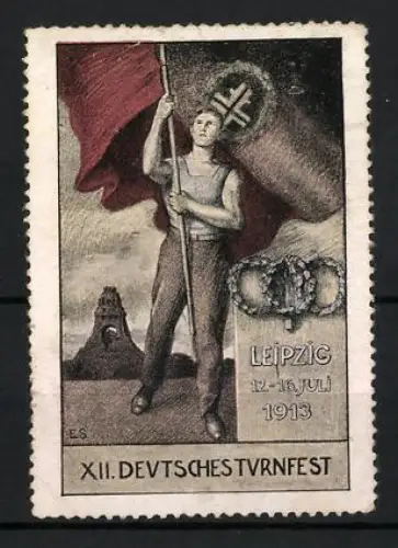 Reklamemarke Leipzig, XII. Deutsches Turnfest 1913, Turner mit Fahne vor Völkerschlachtdenkmql