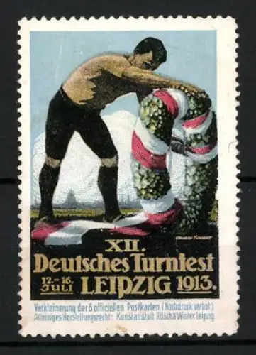 Reklamemarke Leipzig, XII. Deutsches Turnfest 1913, Turner mit Kranz und Fahne
