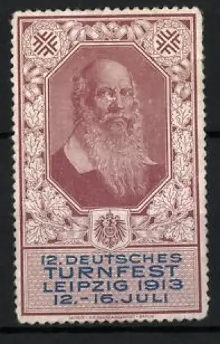 Reklamemarke Leipzig, 12. Deutsches Turnfest 1913, Turnvater Jahn, Rot