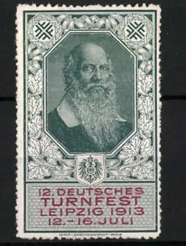 Reklamemarke Leipzig, 12. Deutsches Turnfest 1913, Turnvater Jahn, Grün