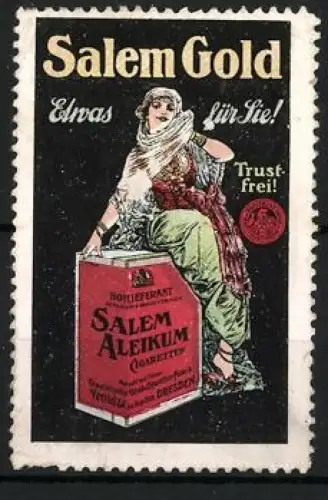 Reklamemarke Dresden, Salem Gold, orientalische Frau mit Zigarettenschachtel