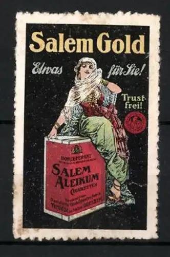 Reklamemarke Dresden, Salem Gold-Zigaretten, Frau aus dem Orient mit Zigarettenschachtel