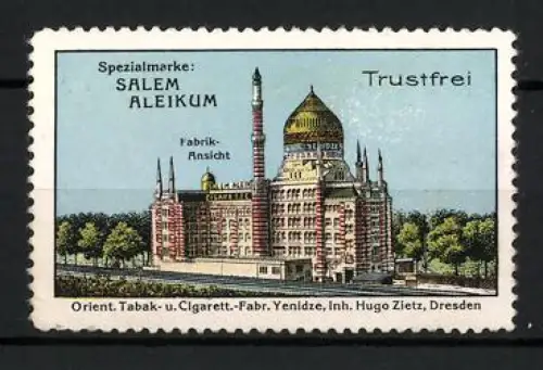 Reklamemarke Dresden, Hugo Zietz, Cigaretten-Fabrik, Salem Aleikum, Fabrikansicht