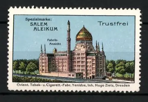 Reklamemarke Dresden, Hugo Zietz, Cigarettenfabrik, Spezialmarke Salem Aleikum, Fabrikgebäude