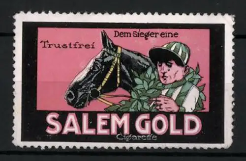 Reklamemarke Dresden, Salem Gold Cigaretten, Rauchender Jockey mit Pferd
