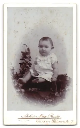 Fotografie Max Radig, Wurzen, Wettinerstr. 7, Schweizergartenstr., Süsses Kleinkind im weissen Hemd mit nackigen Füssen