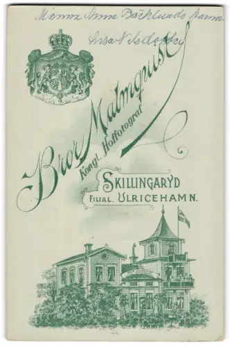 Fotografie Bror Malmquist, Skillingaryd, Schwedisches Königswappen, Ansicht des Ateliers