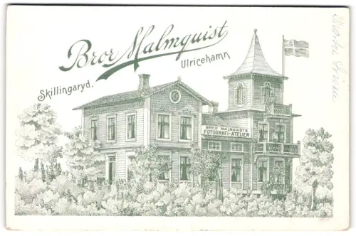 Fotografie Bror Malmquist, Skillingaryd, Ulricehamn, Ansicht des Ateliers umgeben von Bäumen