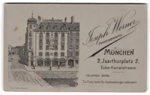 Fotografie Joseph Werner, München, 2. Jsarthorplatz 2, Strassenecke am Ateliergebäude