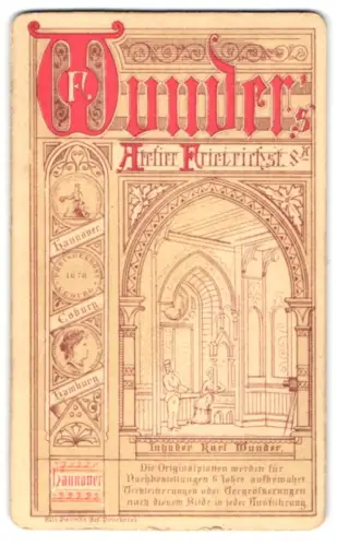 Fotografie F. Wunder, Hannover, Friedrichstrasse 8, Name des Fotographen mit dekorativen Ranken, Paar in verziertem Bogen