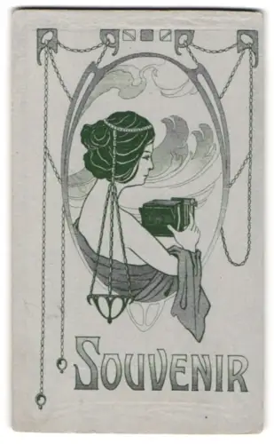 Fotografie unbekannter Fotograf und Ort, Profil einer eleganten Dame mit Fotoapparat in ovalem Rahmen