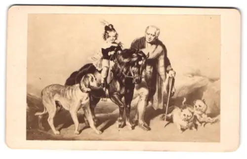 Fotografie unbekannter Fotograf und Ort, Kleines Mädchen mit Mann, Pony und Hunden, nach einem Gemälde