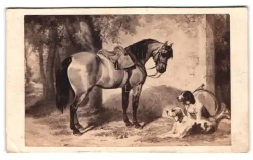 Fotografie Alfred Chardon Jeune, Paris, Rue Racine 3, Pferd mit Jagdhunden, nach einem Gemälde