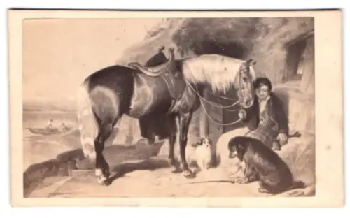 Fotografie Alfred Chardon Jeune, Paris, Rue Racine 3, Ländliches Idyll mit Pferd und Hunden, nach einem Gemälde