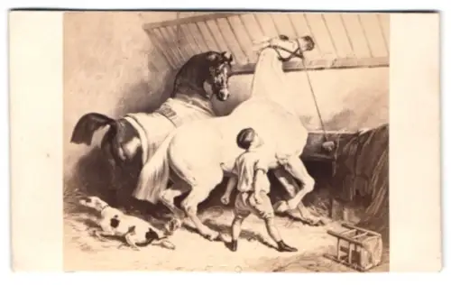 Fotografie Goupil & Cie, Paris, Boulevard Montmartre 19, Kleiner Junge mit Pferden im Stall, nach einem Gemälde