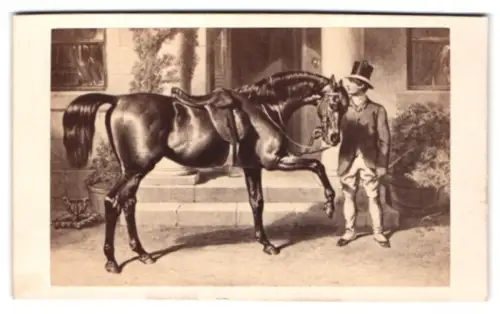 Fotografie Bulla Frères, Paris, Rue Tiquetonne 16, Mann mit Pferd vor einem Hauseingang, nach einem Gemälde