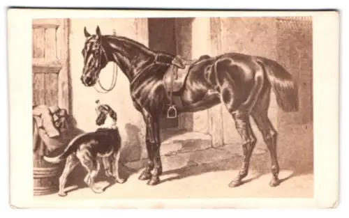 Fotografie Bulla Frères, Paris, Rue Tiquetonne 16, Pferd mit Hund vor einem Gebäude, nach einem Gemälde