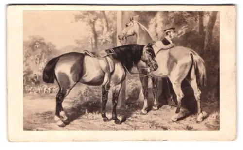 Fotografie Alfred Chardon Jeune, Paris, Rue Racine 3, Reiter mit Pferden im Wald, nach einem Gemälde