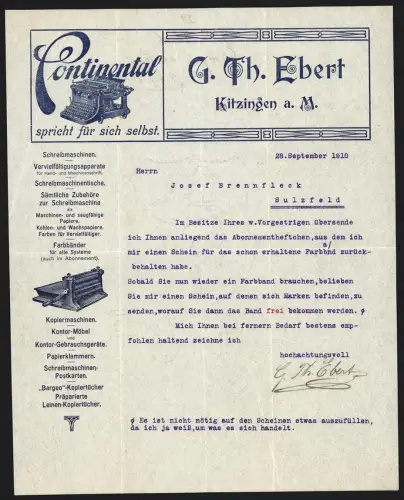 Briefkopf Kitzingen a. M. 1910, Continental-Schreibmaschinen, Kopiermaschinen, Kontor-Möbel, Darstellung Schreibmaschine