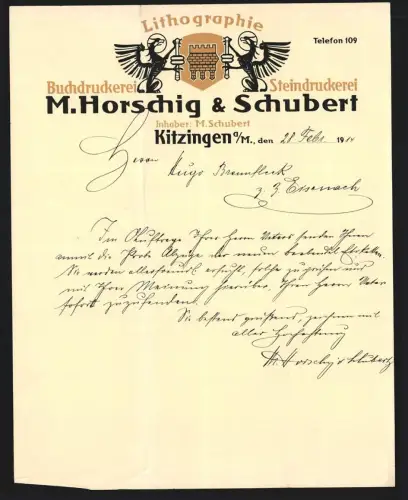 Briefkopf Kitzingen a. M. 1914, M. Horschig & Schubert, Buchdruckerei, Steindruckerei, Firmen-Emblem