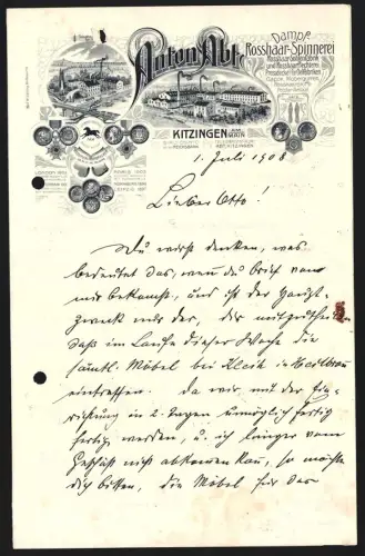Briefkopf Kitzingen am Main 1908, Dampf-Rosshaar-Spinnerei, Rosshaar-Flechterei, Anblick der Fabrik