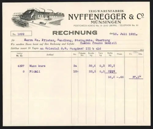 Rechnung Münsingen 1931, Nyffenegger & Co., Teigwarenfabrik Münsingen, Ansicht der Fabrik mit Eisenbahn
