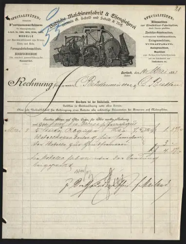 Rechnung Durlach 1888, Badische Maschinenfabrik & Eisengiesserei, Zündhölzer-Hobelmaschinen, Maschinenanlage