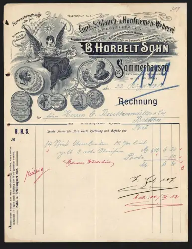 Rechnung Sommerhausen am Main 1912, B. Horbelt Sohn, Gurt-, Schlauch- u. Hanfriemen-Weberei, gewonnene Medaillen